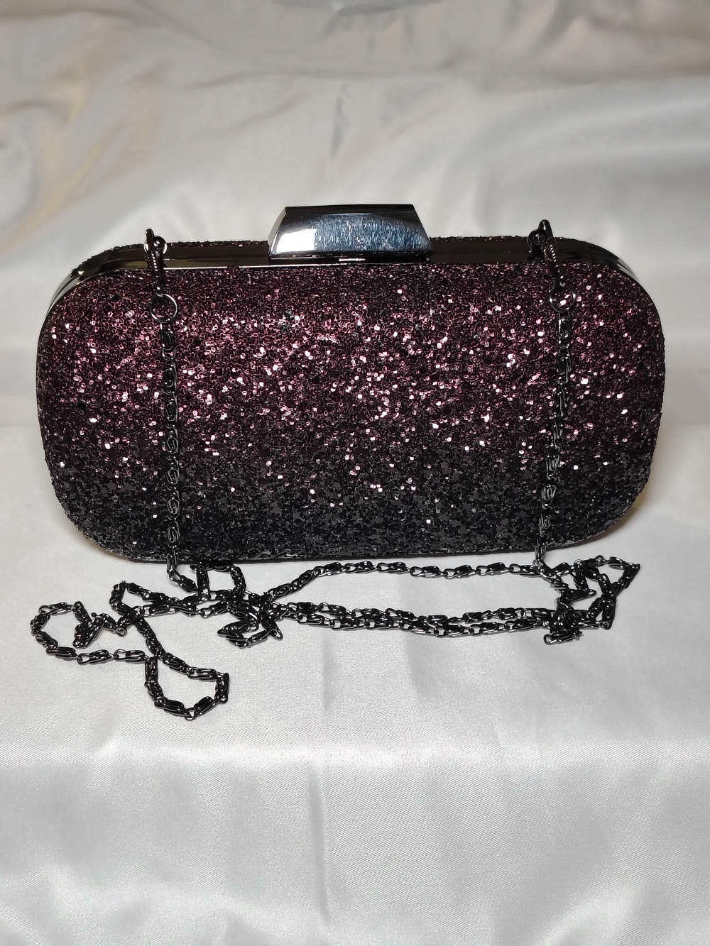 Lotus Ombré Glitter Hard Case Evening Clutch Bag - Purple/Black with Chain Strap
